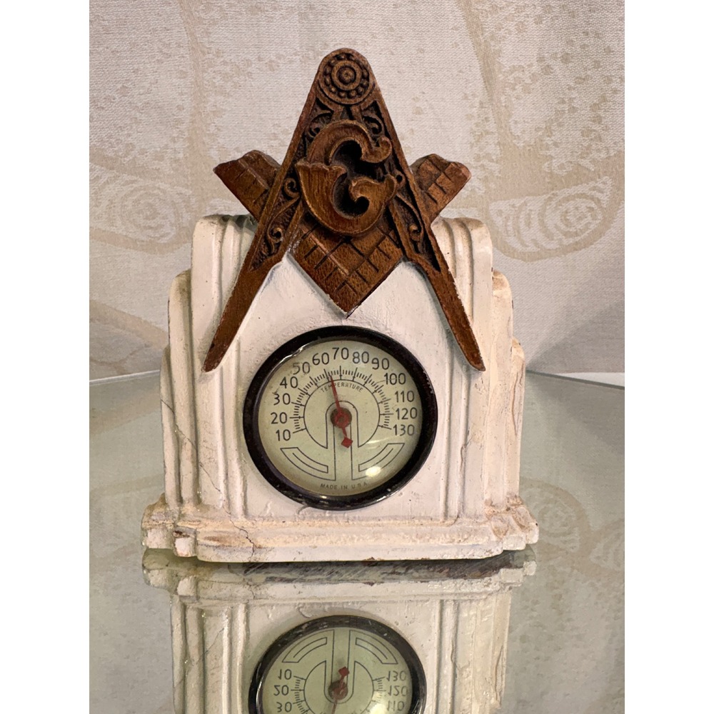 Vintage Masonic Freemason Art Deco Chalkware Desk Thermometer Square Compass G